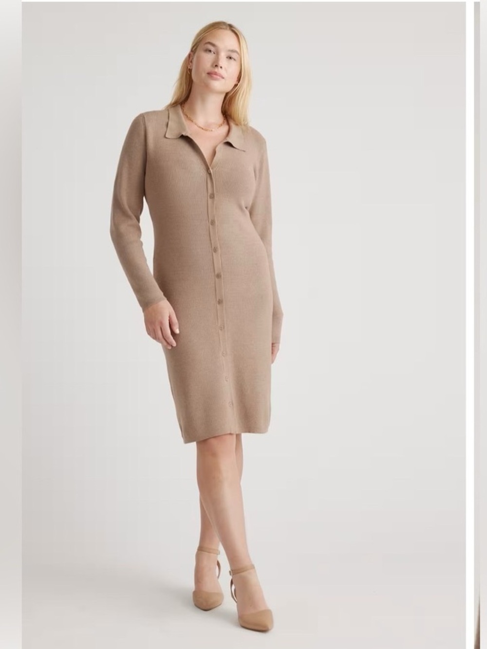 Quince Eco-Knit Button-Up Sweater Dress in Oatmeal Brown